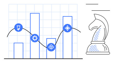 Poster - bar graph with seasonal icons and curved line shows trend analysis next to a strategic chess knight.