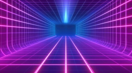 Poster - Retro neon grid tunnel with vibrant purple and blue glowing lines, creating a futuristic, 80s-inspired digital art piece
