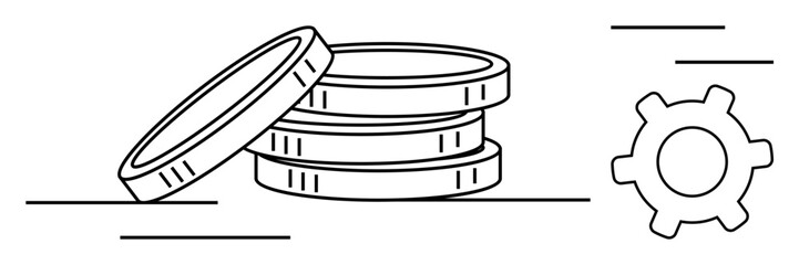 Poster - three stacked coins with one tilted and a gear symbolifying financial systems, economic processes, a