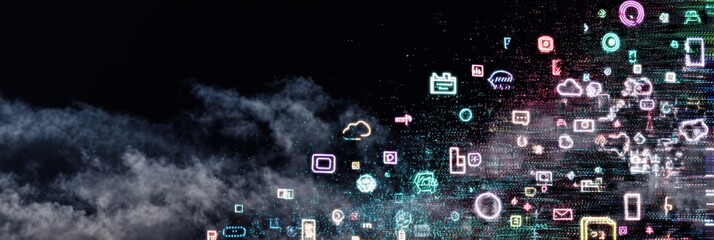 Leinwandbilder - Glitch-style Digital Stickers Scattered Across a Dark Screen With a Fading Center Effect Showcasing Modern Digital Symbols