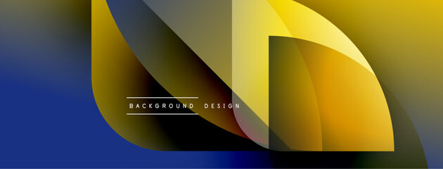 Fototapete - Abstract geometric shapes overlap, creating vibrant color gradients. Design features yellow, blue, orange hues. Minimalist style, modern aesthetic.