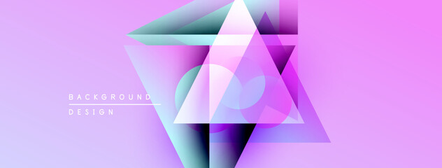 Fototapete - Abstract geometric shapes overlap, creating vibrant purple, blue gradients. Minimalist design with text elements present. Modern aesthetic.