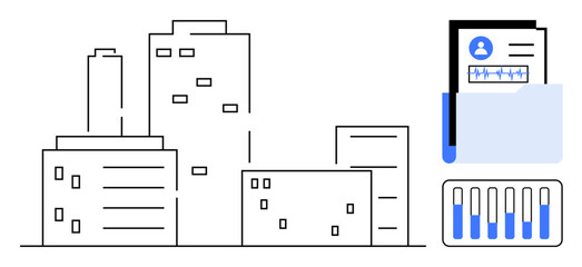 Poster - modern building structures with a folder having a profile report and analytics chart. ideal for busi