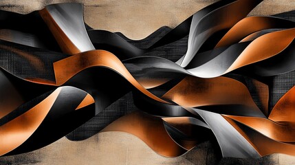 Poster - Abstract Metallic Flow: Bronze, Black, and Silver Waveforms