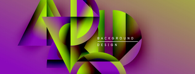 Poster - Abstract geometric shapes overlap, creating vibrant purple, green gradients. Text reads background design centered right. Modern visual composition.