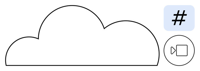 Poster - Cloud shape represents storage, accompanied by metadata tag and video camera icon for social media, multimedia, digital sharing. Ideal for networking, data, connection themes and simple landing page