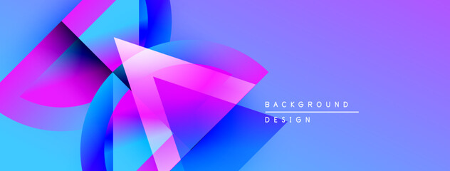 Fototapete - Abstract geometric shapes overlap, creating vibrant purple, blue gradients. Modern design suggests technology, innovation, energy. Background text reads background design.