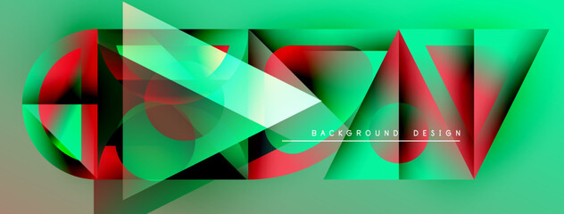 Fototapete - Abstract geometric shapes overlap, creating vibrant color gradients. Design features text elements within dynamic composition.