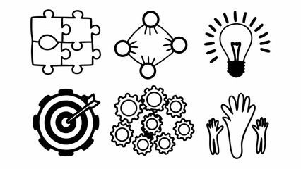 Poster - Illustration of puzzle pieces, network, lightbulb, target, gears, and hands in black and white style created with generated ai