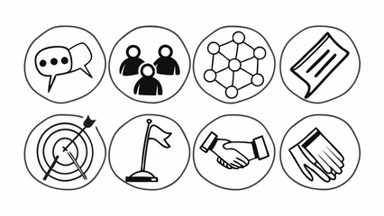 Poster - Doodle style icons depicting communication, teamwork, networking, and achieving goals in circles created with generated ai