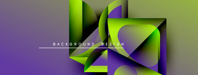 Leinwandbilder - Abstract geometric shapes overlap, creating vibrant purple, green gradients. Design features text background design centered above forms. Minimalist composition.