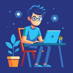 Freelancer boy working on laptop vector illustration