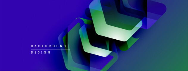 Fototapete - Abstract geometric shapes overlap, creating vibrant blue, green gradients. Modern design elements suggest technology, innovation.