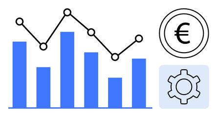 Poster - bar chart with blue bars and a line graph, euro currency circle, and gear icon. ideal for financial 