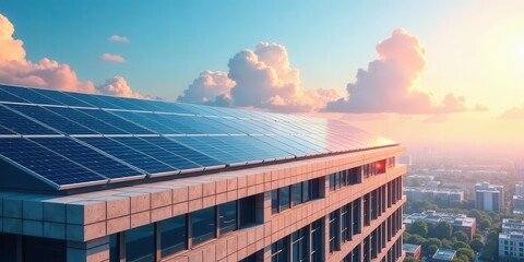 A Modern Building's Rooftop Solar Panel Array at Sunset, Harnessing Clean Energy for a Sustainable Future
