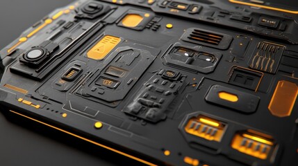 Poster - Futuristic black and orange tech panel with intricate details
