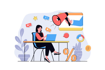 Fototapete - Digital marketing web concept with cartoon people design. Woman makes advertising campaign online, creates content and posts, attracting clients. Flat illustration isolated on white background.