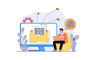 Fototapete - Email marketing web concept with cartoon people design. Man sending letters with business promotion information to clients, making promo mailing. Flat illustration isolated on white background.