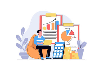 Aufkleber - Accounting web concept with cartoon people design. Man making data research and financial audit, analyzing graphs and charts, calculating income. Flat illustration isolated on white background.