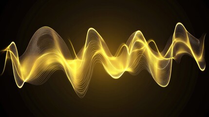 Poster - Golden luminous waves flow across a dark background, creating an abstract, dynamic pattern