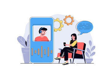 Poster - Virtual assistant web concept with cartoon people design. Woman connecting with operator of customer support service and making video calling. Flat illustration isolated on white background.