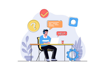 Poster - Customer service web concept with cartoon people design. Call center operator answering questions, hotline consultant talking with clients. Flat illustration isolated on white background.