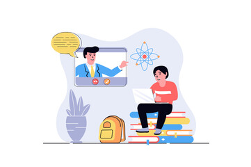 Fototapete - Children learn on computers web concept with cartoon people design. Boy studying online using laptop and watching video lessons with teacher. Flat illustration isolated on white background.