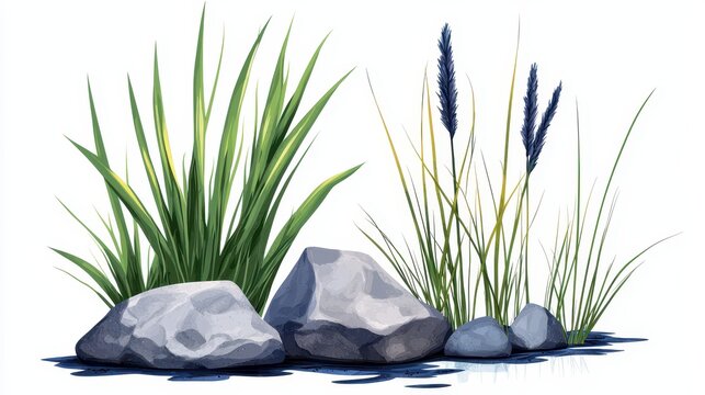 Pixel Art Featuring Green and Blue Grass with Gray Rocks on White Background