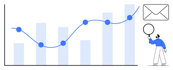 Poster - line and bar graph with upward trend, envelope icon, and person holding a speech bubble. ideal for b