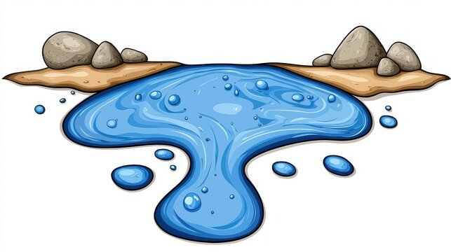 Pixel Art Illustration of a Serene Blue Water Pool with Rocks and Sandy Shoreline