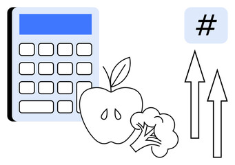 Poster - calculator, apple, broccoli, upward arrows, and hash sign representing budgeting, nutrition, and gro