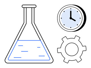 Poster - laboratory flask with liquid, clock, and gear symbolizing research, innovation, productivity. ideal 