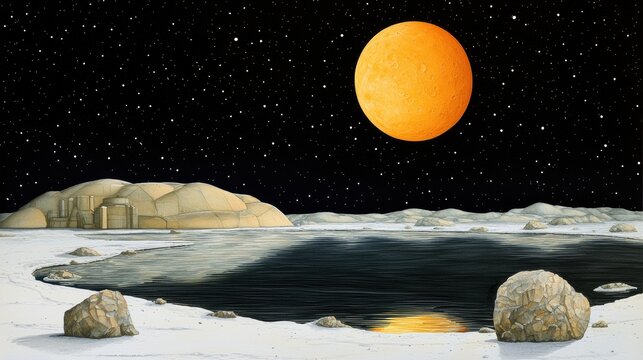 Pixel Art Orange Sun Shining Over an Icy Landscape with Distant Rocky Terrain