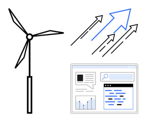 Poster - wind turbine next to upward arrows symbolizing growth and progress, displayed alongside a data-fille