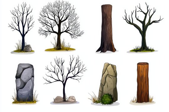 Pixel Art Style Group of Bare Trees and Rocks on White Background Isolated Elements