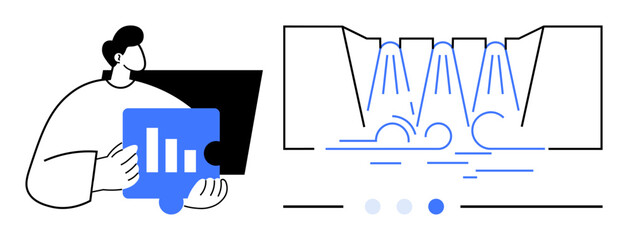 Poster - person holding puzzle piece with bar graph beside flowing waterfalls, emphasizing data analysis, tea