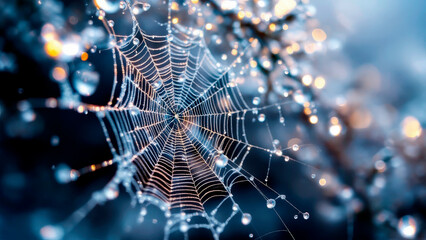 Macro shot of frozen dew on intricate spider webs in Thai highlands winter