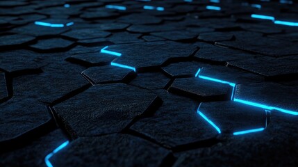 Poster - Dark blue hexagonal surface with glowing lines
