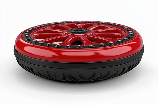 Red and Black Wheel with Intricate Design on White Background