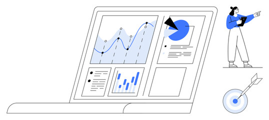 Poster - laptop screen displays graphs, charts, and analytics tools. analyst presenting data insights nearby.