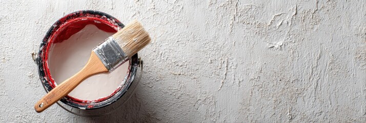 Poster - Bucket of Primer Paint and Brush Resting on Textured Wall Preparing for a New Coat in a Home Renovation Project