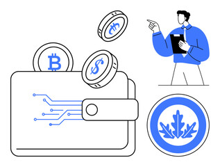 Poster - digital wallet with cryptocurrency coins, connected circuit lines, businessman giving presentation, 