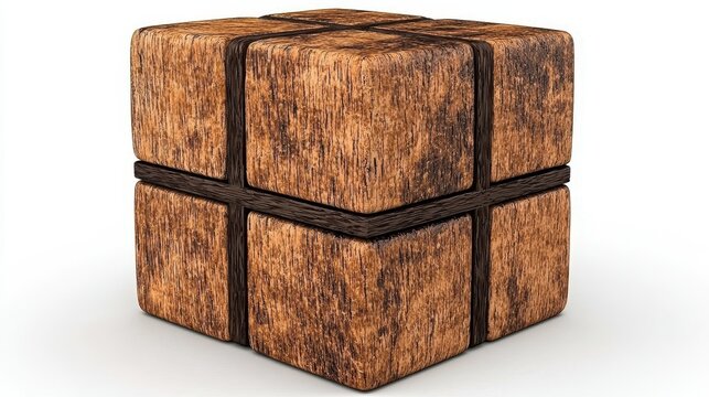 Rustic Brown Textured Cube with Dark Straps on White Background