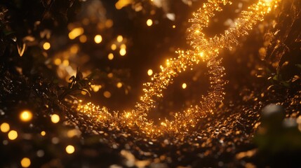 Poster - Glowing golden particles swirl through dark foliage, creating a magical, ethereal effect with bokeh lights