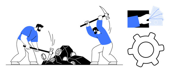 Poster - two workers break rocks with hammer and pickaxe to reveal crystals. complemented by money, cogwheel 