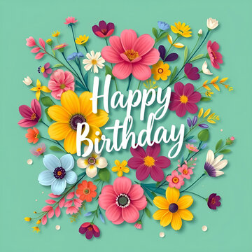 Floral Birthday Card Design Bursting With Colorful Blooming Flower Assortment