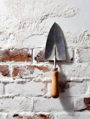 Fototapete - Brick Wall and Trowel Flatlay Setting Showcasing Masonry Work Tools in a Clean Workspace for Construction and Home Improvement Projects