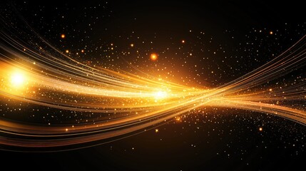 Poster - Golden light streaks swirl on a dark background, shimmering with sparkles