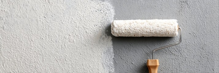 Poster - Painting a Concrete Wall With a Roller and Primer for a Fresh, Bright Look in a Renovation Project