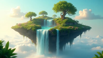 Poster - A dreamy landscape with floating islands featuring lush green trees and cascading waterfalls, embodying serenity and natural beauty